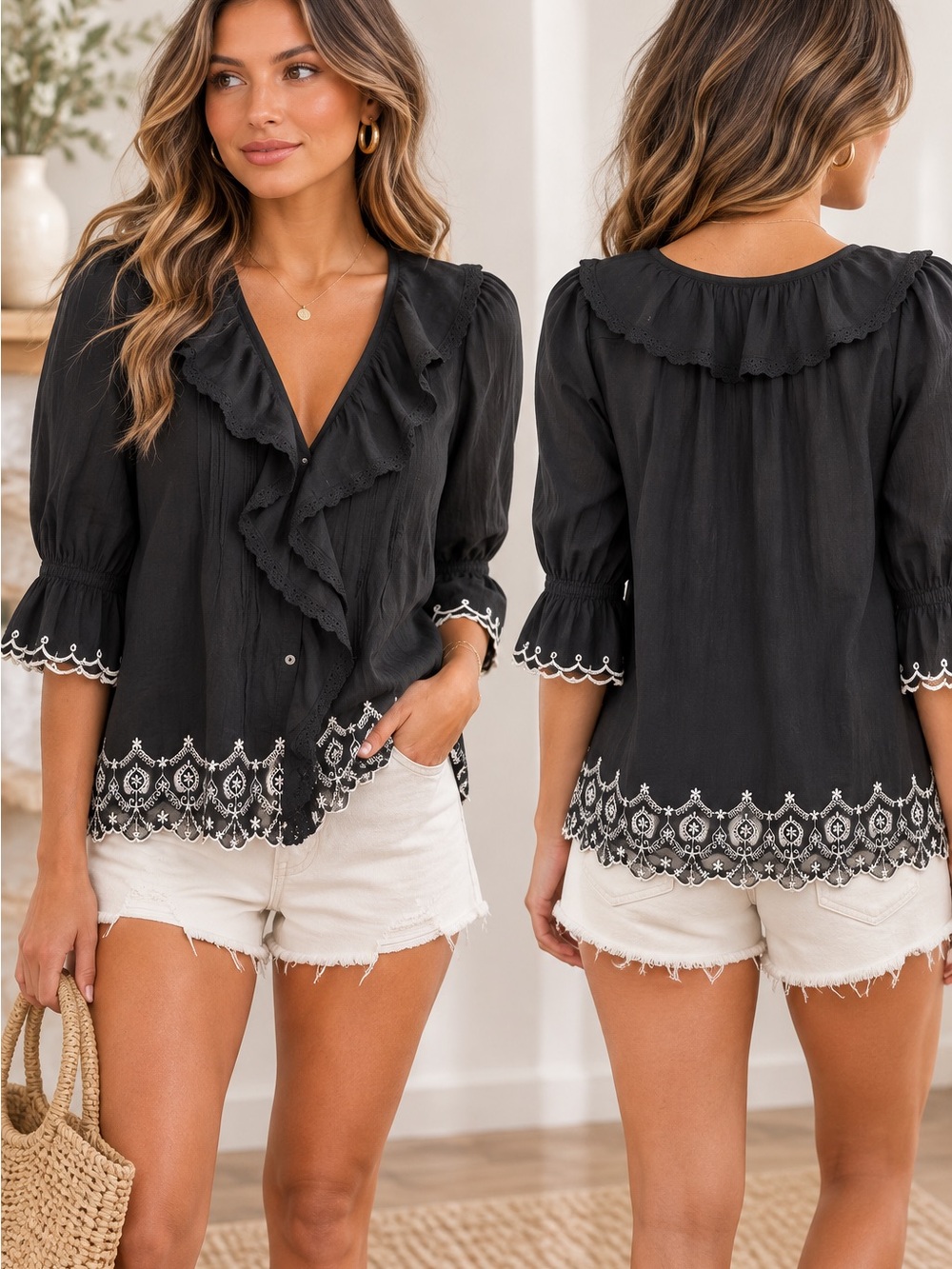 Madewell Black Ruffle-Trim Embroidered Button Front Blouse